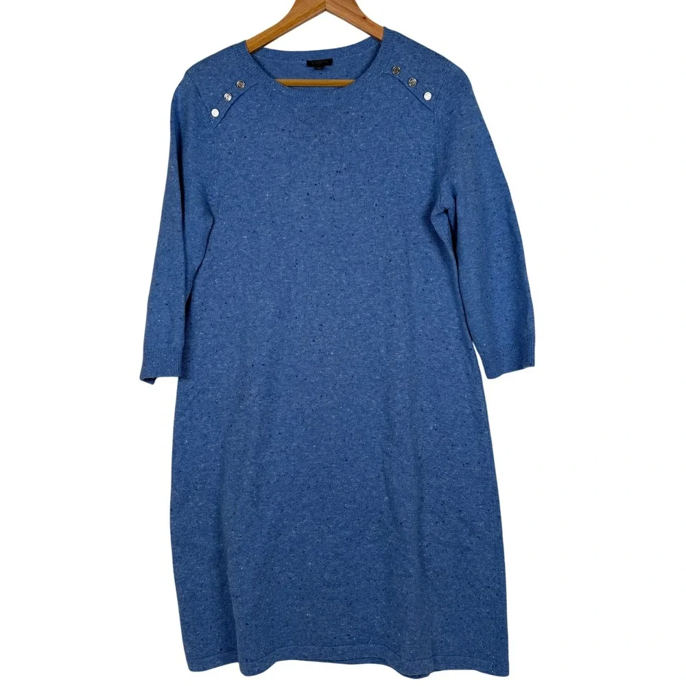 Talbots Sweater Dress Women LP Blue Petite‎ Button Shoulder Knit Speckled Fleck
